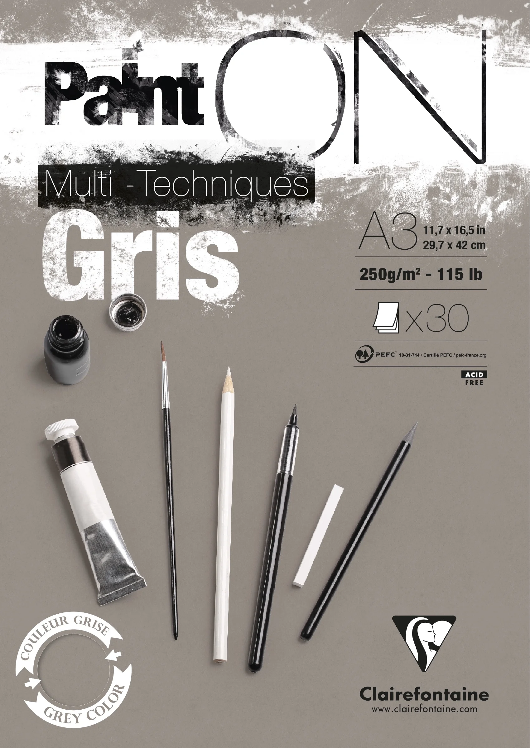 Clairefontaine Paint On -lehtiö, harmaa